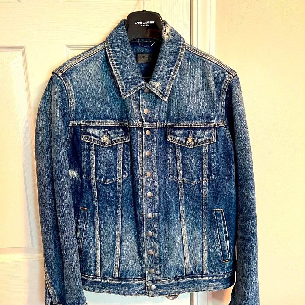 Saint Laurent Classic Distressed Denim Jacket with Snap closer size XL